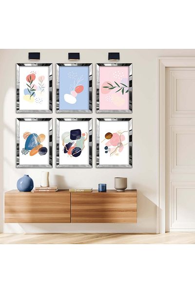 Zevahir Mobilya Dekorasyon Set de pictură din MDF cu șase modele de plante cu desen abstract cu cadru din plexiglas cu oglindă argintie