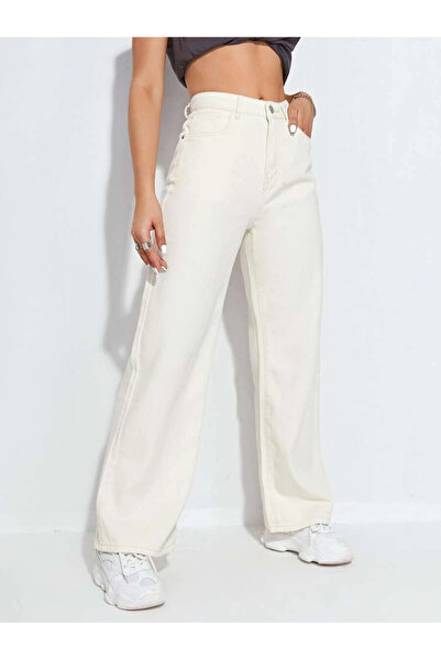 SHEVEGA Cream Boyfriend Flare Jean Wide Leg Trousers