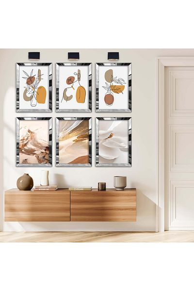 Zevahir Mobilya Dekorasyon Set de pictură MDF cu șase subiecte cu tema abstractă, cu cadru din plexiglas cu oglindă argintie