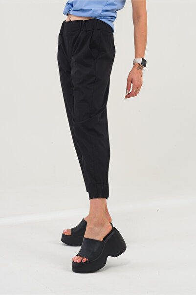 Bold & Young Women's Black Cotton Power Lycra Trousers with Elastic Waist and Elastic Legs