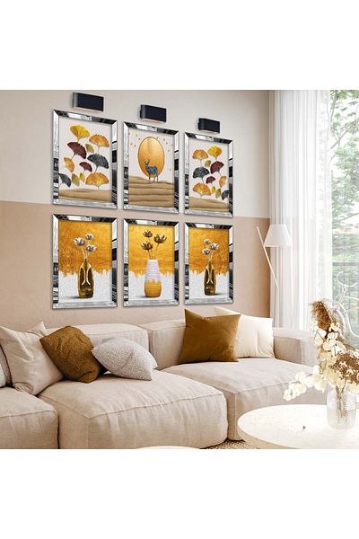Zevahir Mobilya Dekorasyon Set de pictură MDF cu cadru din plexiglas cu oglindă argintie, desen modern, figura de flori