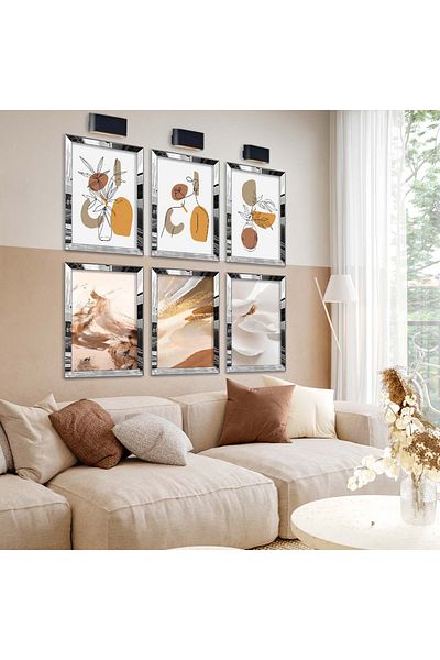 Zevahir Mobilya Dekorasyon Set de pictură MDF cu șase subiecte cu tema abstractă, cu cadru din plexiglas cu oglindă argintie