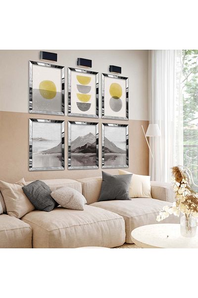 Zevahir Mobilya Dekorasyon Set de pictură MDF cu cadru din plexiglas cu oglindă argintie, desen geometric și figura de munte