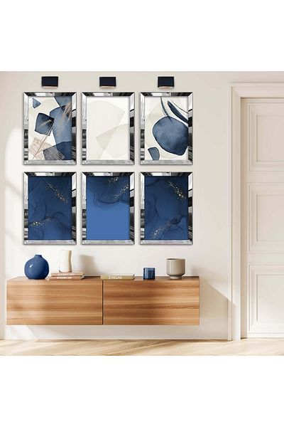 Zevahir Mobilya Dekorasyon Set de pictură MDF cu cadru din plexiglas cu oglindă argintie, desen de colaj și tema abstractă albastră