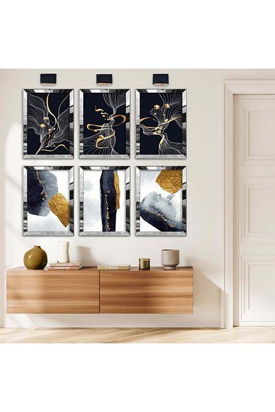 Zevahir Mobilya Dekorasyon ΣΕΤ MODERN ÇİÇEK DESEN GOLD TEMA 6'LI PLEKSΙ ΚΕΝΑΡ MDF TABLO