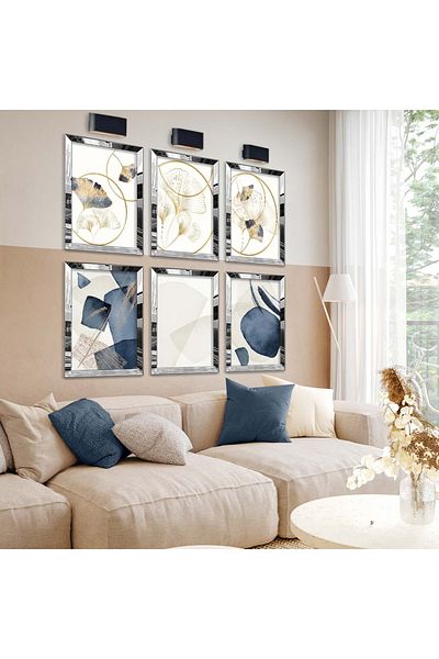 Zevahir Mobilya Dekorasyon Set de pictură MDF cu șase teme moderne de desen cu flori și abstracte cu cadru din plexiglas cu oglindă argintie