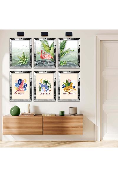 Zevahir Mobilya Dekorasyon Set de șase picturi MDF cu tematică Life in Nature cu cadru din plexiglas cu oglindă argintie