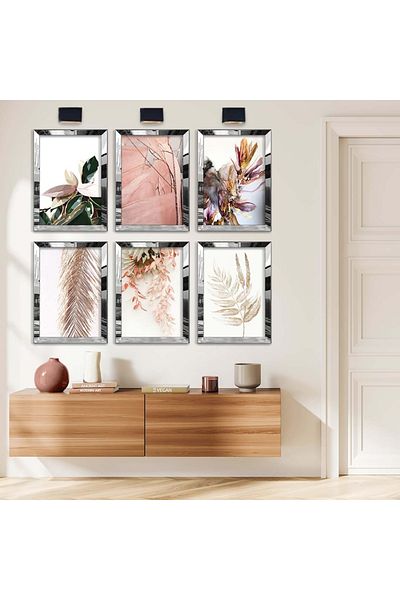 Zevahir Mobilya Dekorasyon Set de pictură MDF cu șase modele moderne de frunze și trandafiri cu cadru din plexiglas cu oglindă argintie