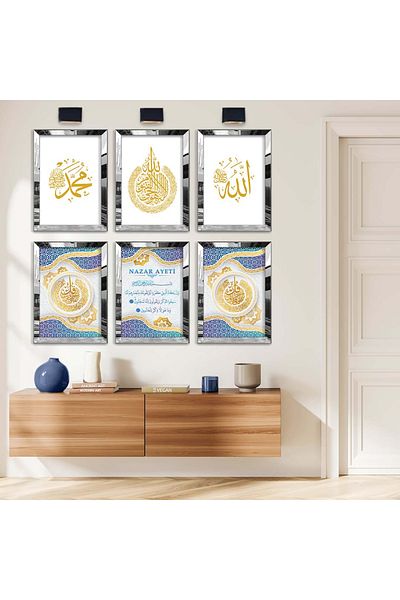 Zevahir Mobilya Dekorasyon Set de picturi din MDF cu cadru din plexiglas cu oglindă argintie, versamentul „Evil Eye” și model religios cu șase