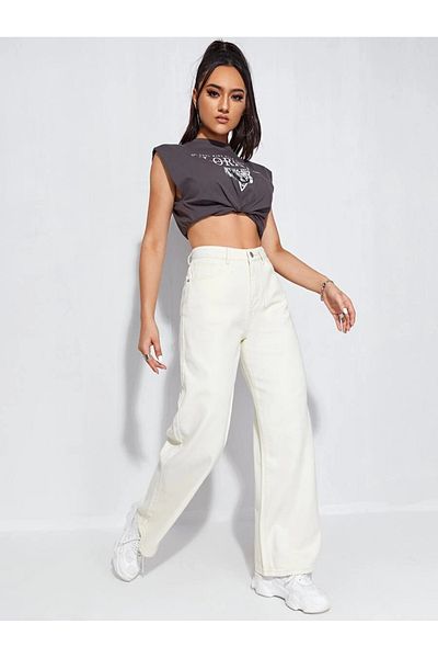 SHEVEGA Κρεμ Boyfriend Flare Jean Φαρδύ παντελόνι