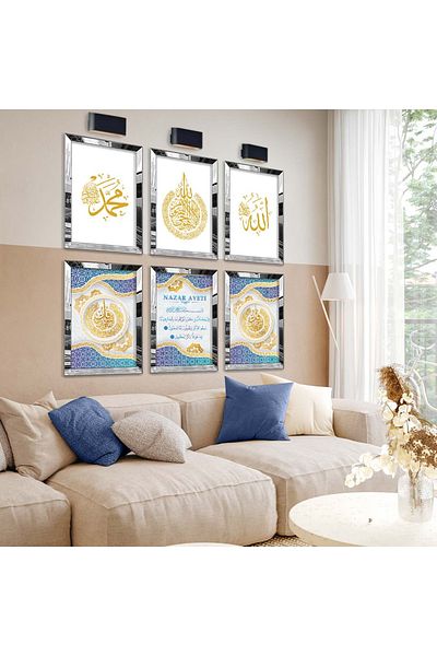 Zevahir Mobilya Dekorasyon Set de picturi din MDF cu cadru din plexiglas cu oglindă argintie, versamentul „Evil Eye” și model religios cu șase