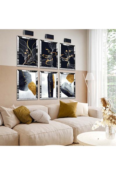 Zevahir Mobilya Dekorasyon ΣΕΤ MODERN ÇİÇEK DESEN GOLD TEMA 6'LI PLEKSΙ ΚΕΝΑΡ MDF TABLO