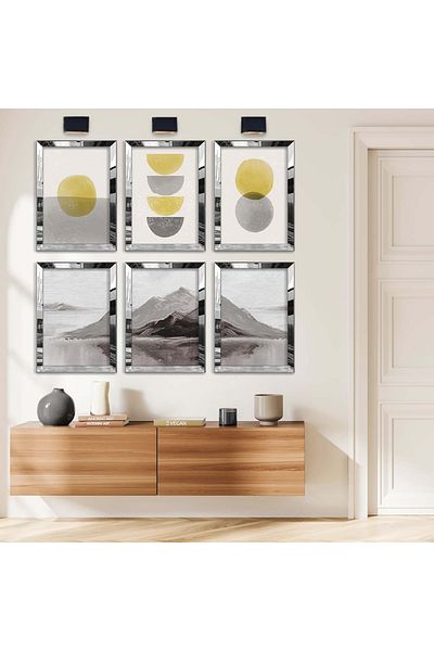 Zevahir Mobilya Dekorasyon Set de pictură MDF cu cadru din plexiglas cu oglindă argintie, desen geometric și figura de munte