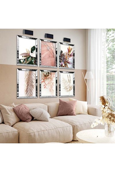Zevahir Mobilya Dekorasyon Set de pictură MDF cu șase modele moderne de frunze și trandafiri cu cadru din plexiglas cu oglindă argintie