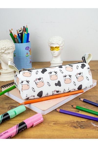 OneSize Pencil Case Cute Cows Triangle Design Vegan Leather (Pencil Holder and Makeup Bag)