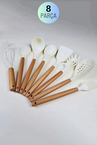 ÖzSa Home 8 Piece Silicone Ladle Colander Spoon Brush Beater Bamboo Handle Kitchen Serving Set Set