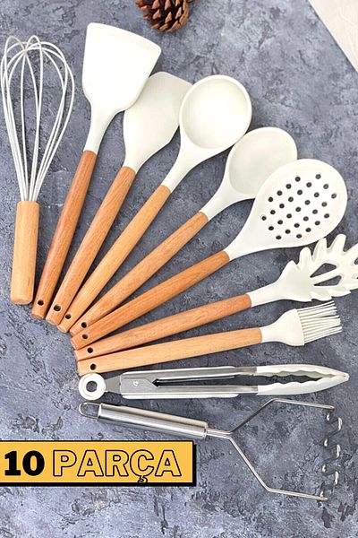 ÖzSa Home 10 Piece Silicone Ladle Colander Spoon Beater Potato Masher Bamboo Handle Kitchen Serving Set Set