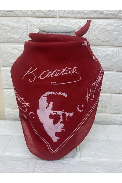 sema aksesuar Red Atatürk Silhouette and Signature Cotton Fabric Scarf - Bandana - 23 April, 29 October, 19 May