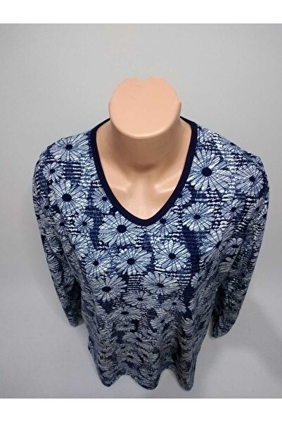 YAŞAR TRİKO Kadın Lacivert Desenli V Yaka Uzun Kollu Yanları Yırtmaçlı Mevsim...