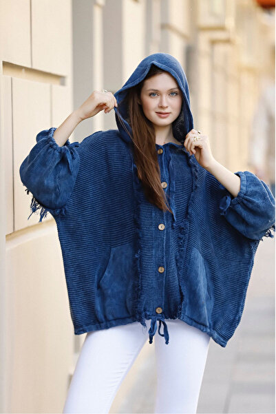 AYASOFYA OTANTIK Cardigan pentru femei, albastru bleumarin, cu glugă, cu nast...