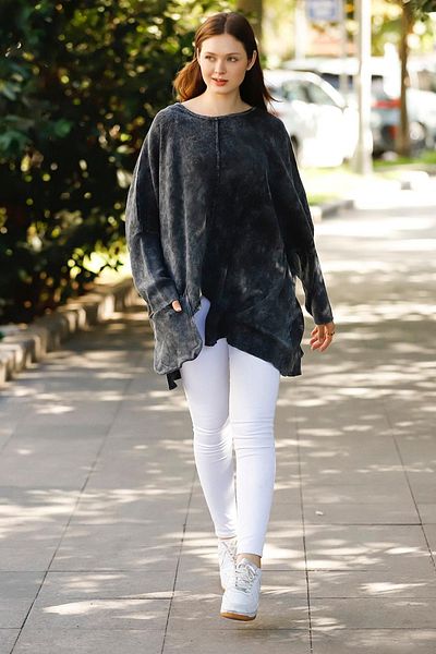 AYASOFYA OTANTIK Pulover bluză de damă, neagră, cu buzunar, tricot supradimensionat, din bumbac