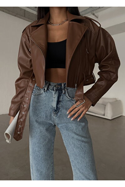 LB Laluna Butik Dámská motorkářská kožená bunda s páskem na zip