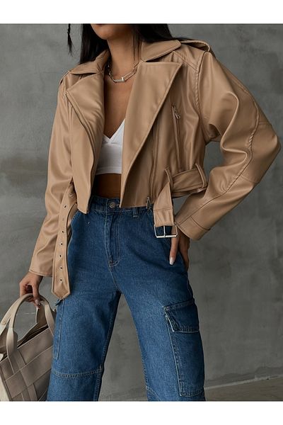 LB Laluna Butik Γυναικείο δερμάτινο μπουφάν Biker με φερμουάρ
