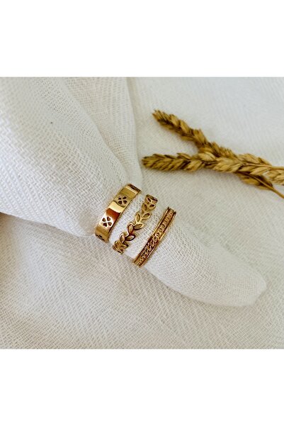 Fynbos Kararmayan Golden Rose Kaplamalı Minimal Combination 3'lü Yüzük Set