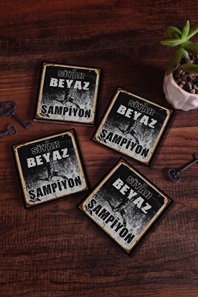 Teona Ahşap Ahşap Bardak Altlığı 12'li siyah beyaz futbol takım taraftar siya...