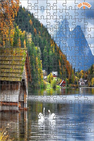 Teona Ahşap Kuğu Manzara Dekoratif Çift Katlı Çerçeveli Asılabilir Ahşap Puzz...