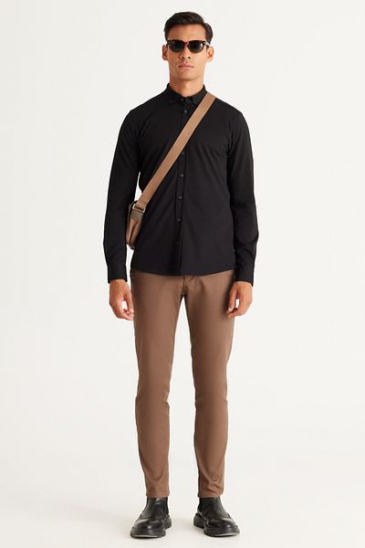 ALTINYILDIZ CLASSICS Μαύρο Slim Fit Πικέ Πλεκτό Πουκάμισο - Slim Fit, με κουμπιά γιακά