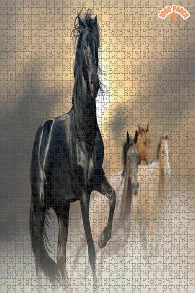 Teona Ahşap Koşan Atlar Siyah At Asalet Manzara Hayvan Yatay Çerçeveli Asılab...