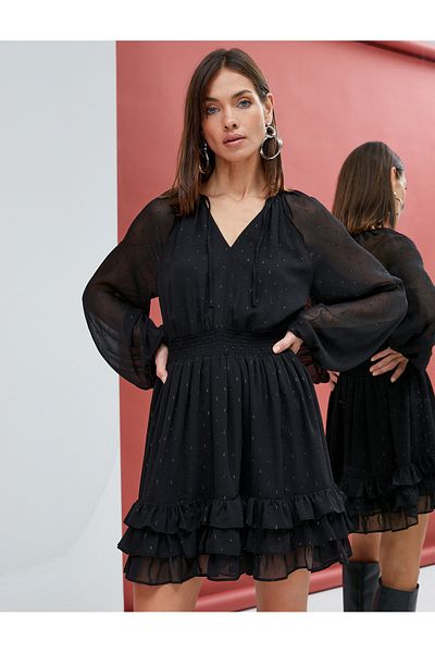 Koton Chiffon Dress Balloon Sleeve Ruffle V-Neck Gipelli