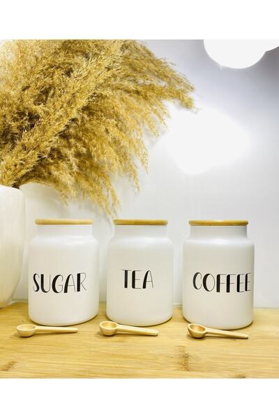 Cherry Collection 3-Piece Bamboo Lid 800ml Glass Tea/Coffee/Sugar Jar Set Wooden Spoon