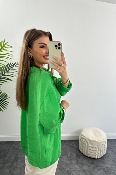 Maxi İdol Lüx Kalite Basic Salaş Gömlek Çimen Yeşili