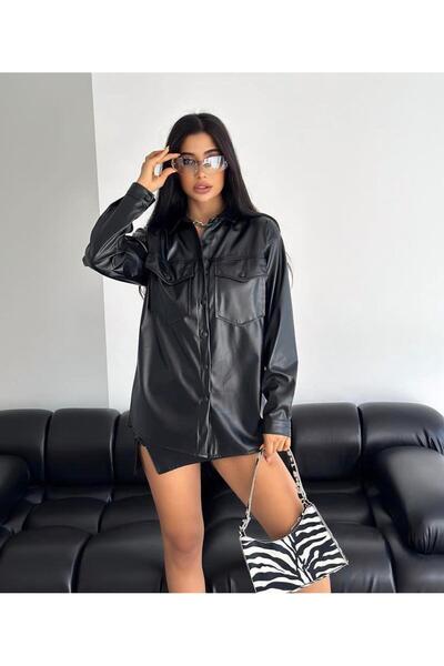 PNR WOMAN Çift cep kapaklı suni deri gömlek 24005