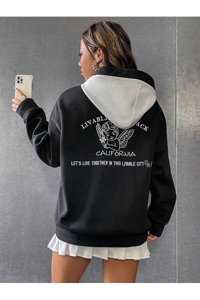 MOONBULL Unisex Oversize Black Livable California Back Printed White Hooded Sweatshirt