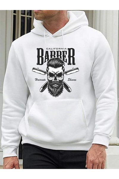 DEEPSENCE Men's White Oversize Hooded Sweatshirt - Barber Printed
