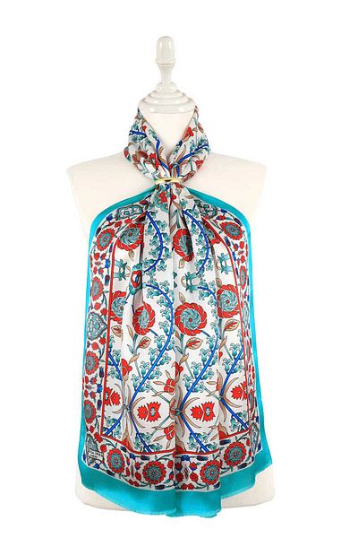 Bursa İpek Turquoise Ecru Seljuk Pattern Silk Scarf