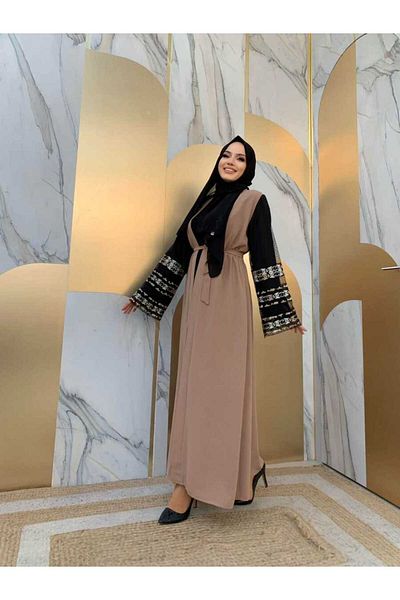 Bym Fashion Абая с колан с бродирана талия 7814 Норка