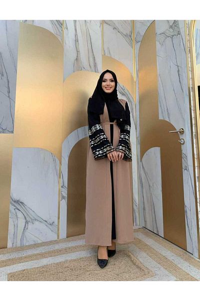 Bym Fashion Абая с колан с бродирана талия 7814 Норка