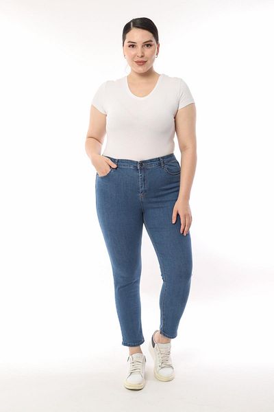 FİHA /4023-JEANS BATTAL PLAT DE DAMA - ALBASTRU
