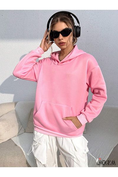 Joza Outdoors Unisex Γυναικεία Ανδρικά Φούτερ με 3 νήματα Basic Unprinted Pink Hooded Fleece
