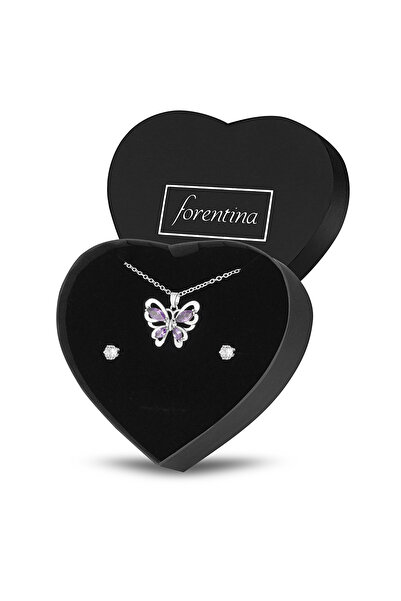 Forentina Gümüş Kaplama Mor Taşlı Kolye Tektaş Küpe PS3205