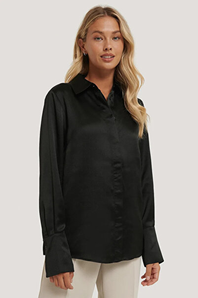 afeta Siyah Hafif Dökümlü Saten Oversize Gömlek
