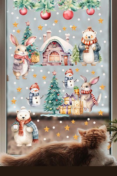 Sim Tasarım Fun Christmas Party Cheerful Bears and Rabbits Glass Wall Decorative Sticker