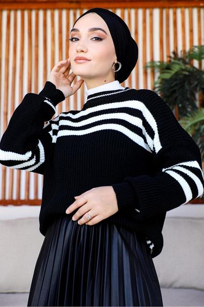 benguen Μαύρο 7013 Velo ριγέ Casual Πλεκτό Πουλόβερ Hijab