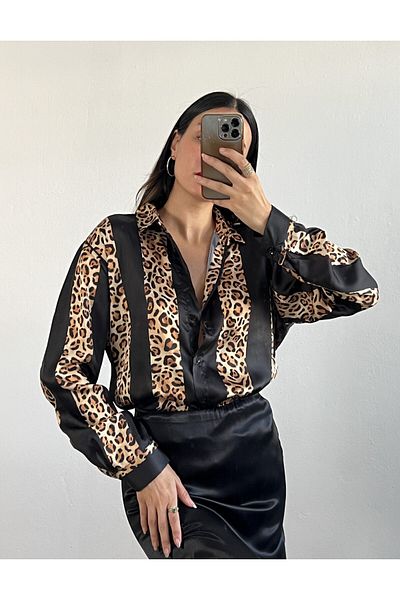 minaaise Cămașă neagră cu model leopard din satin 25283