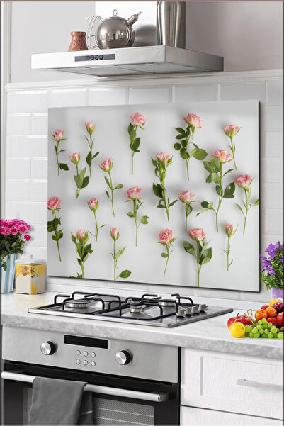 PRATİK DEKOR Protector din sticla pentru spatele aragazului Protector pentru spatele aragazului incorporat 50x50 Cm |   Trandafiri roz