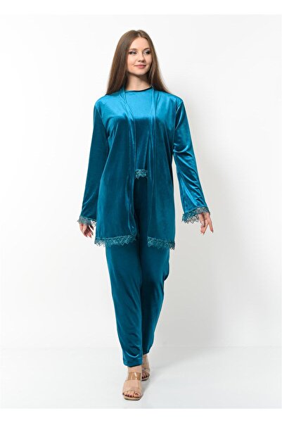 Nuseel Set de cămașă de noapte din catifea pentru femei, 3 piese, albastru petrol